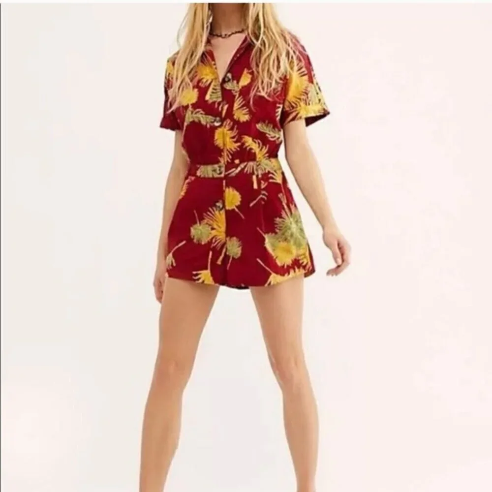 Free People Malibu Romper Red Tropical Print Size M